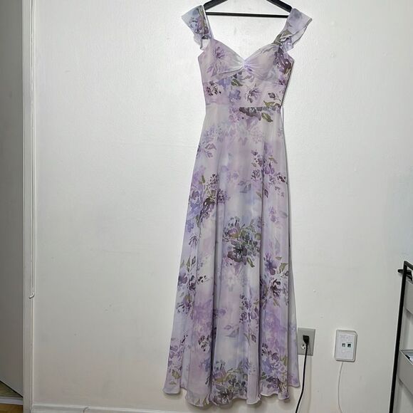 Marchesa Lilac Floral Chiffon Gown with Ruffle Cami Straps and Waist Tie Sz 0 - Picture 9 of 14